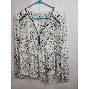 Lucky Brand White Black Embroidered Peasant V-Neck Top Blouse Size Large